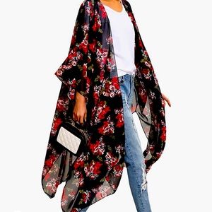 HibLuca women’s chiffon floral kimono cardigan; lob green swimwear coverup
